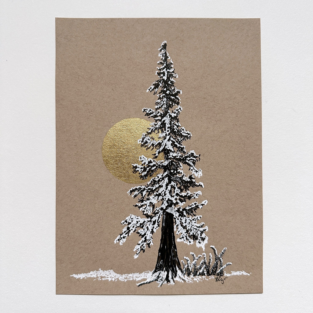 Snowy Tree 24 - Tall Tree with Gold Moon and Ferns on Tan Toned paper - 6"x8"