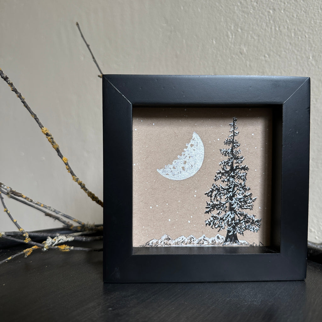 Snowy Tree 8 - Crescent Moon with Single Tree and Mountains on Tan Toned Paper - 4"x4"