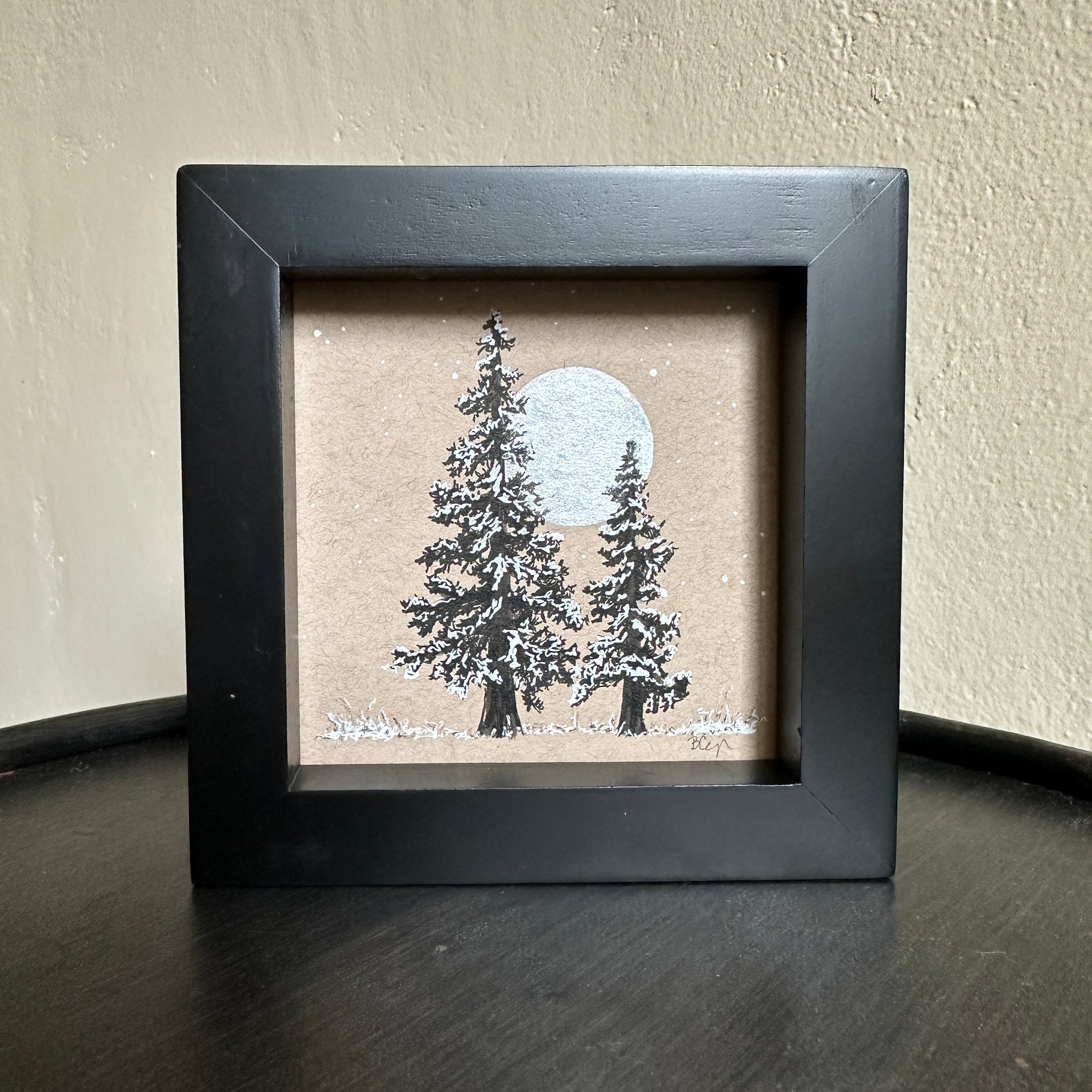Snowy Tree 1 - Double Tree and Silver Moon on Tan Toned Paper - 4&quot;x4&quot;