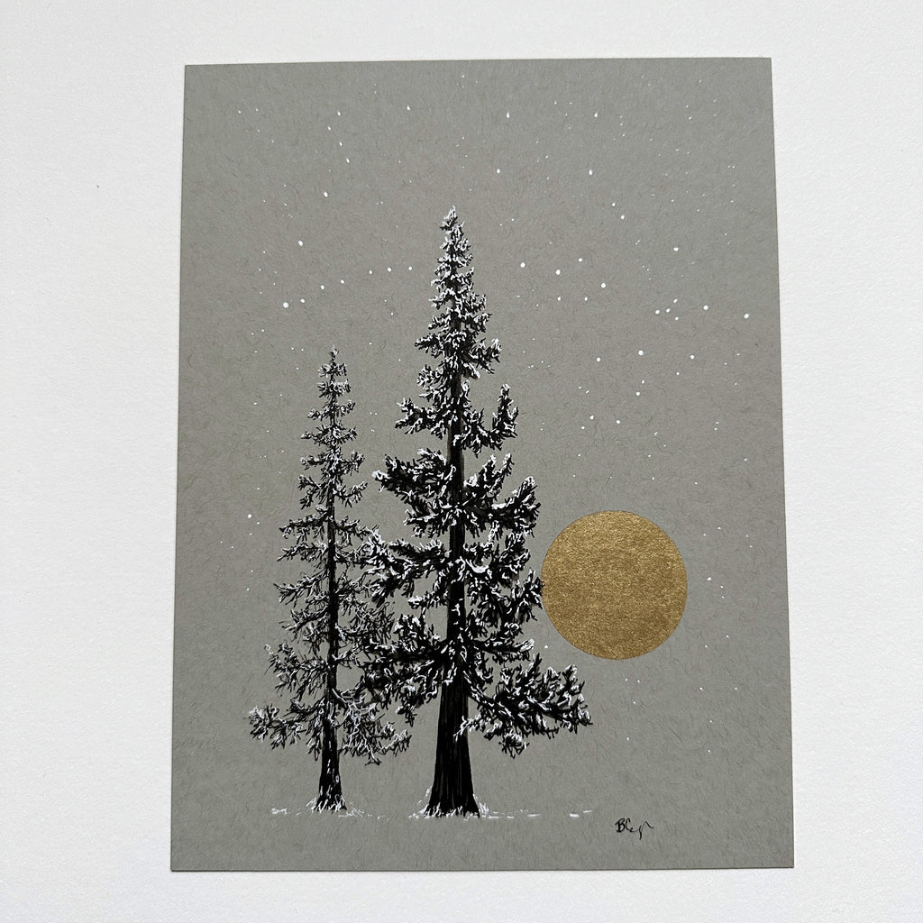 Snowy Tree 25 - Two Tall Trees and Gold Moon on Gray Toned paper - 6”x8”