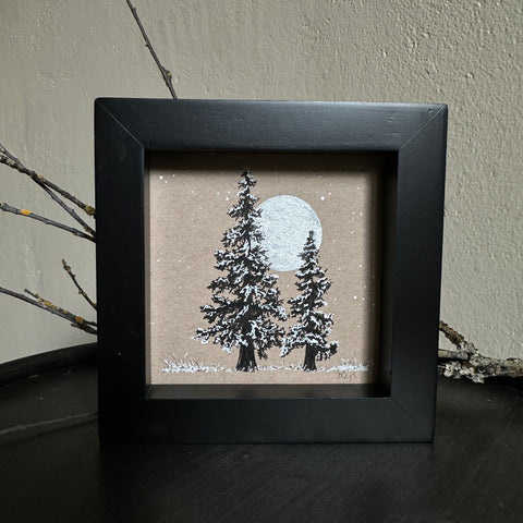 Snowy Tree 1 - Double Tree and Silver Moon on Tan Toned Paper - 4"x4"