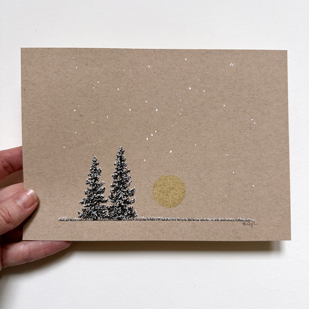 Snowy Tree 21 - Orion, Taurus and Pleiades with Gold Moon and Two Trees on Tan Toned Paper -5"x7"