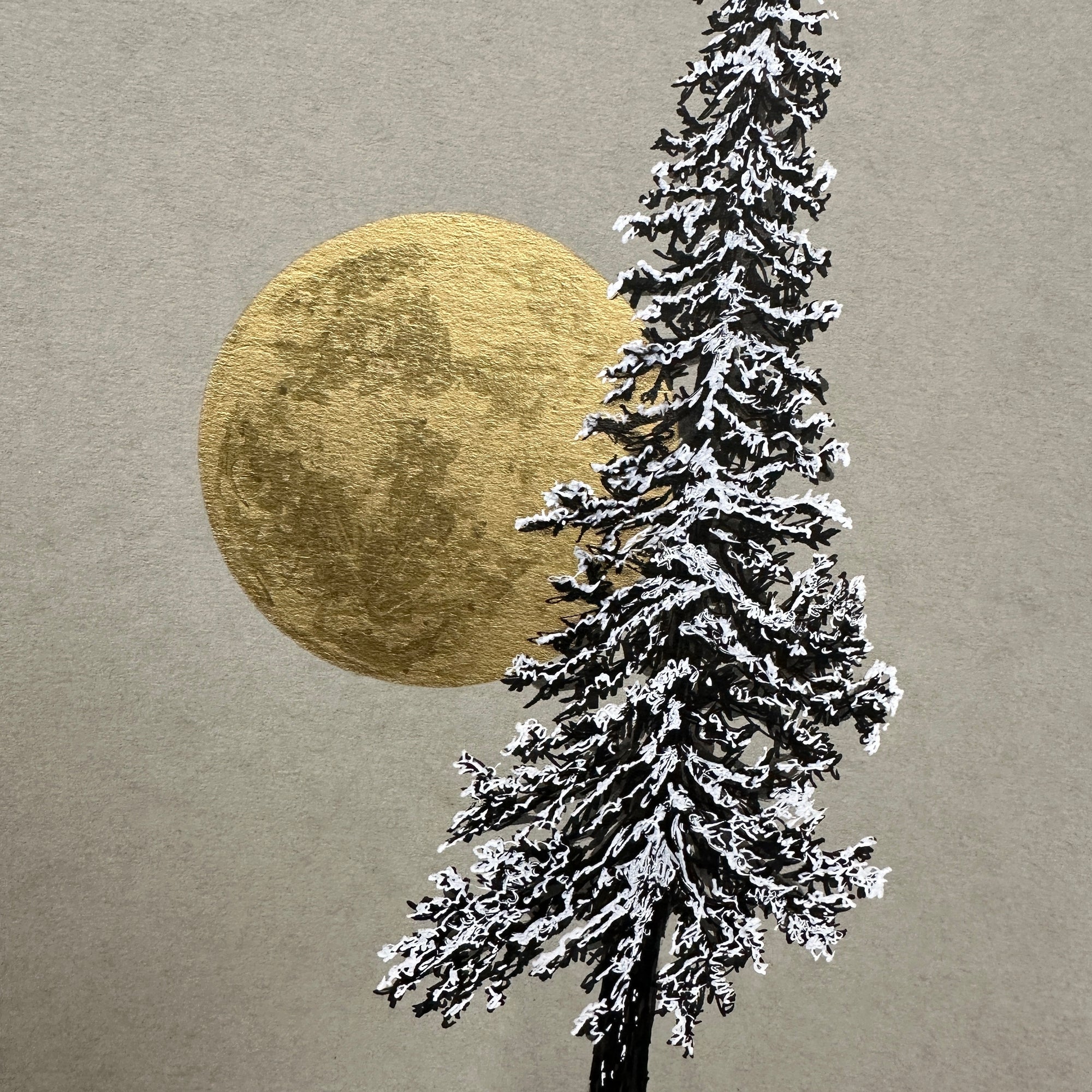 Snowy Tree with Full Moon on Gray - 8.5”x11” original drawing