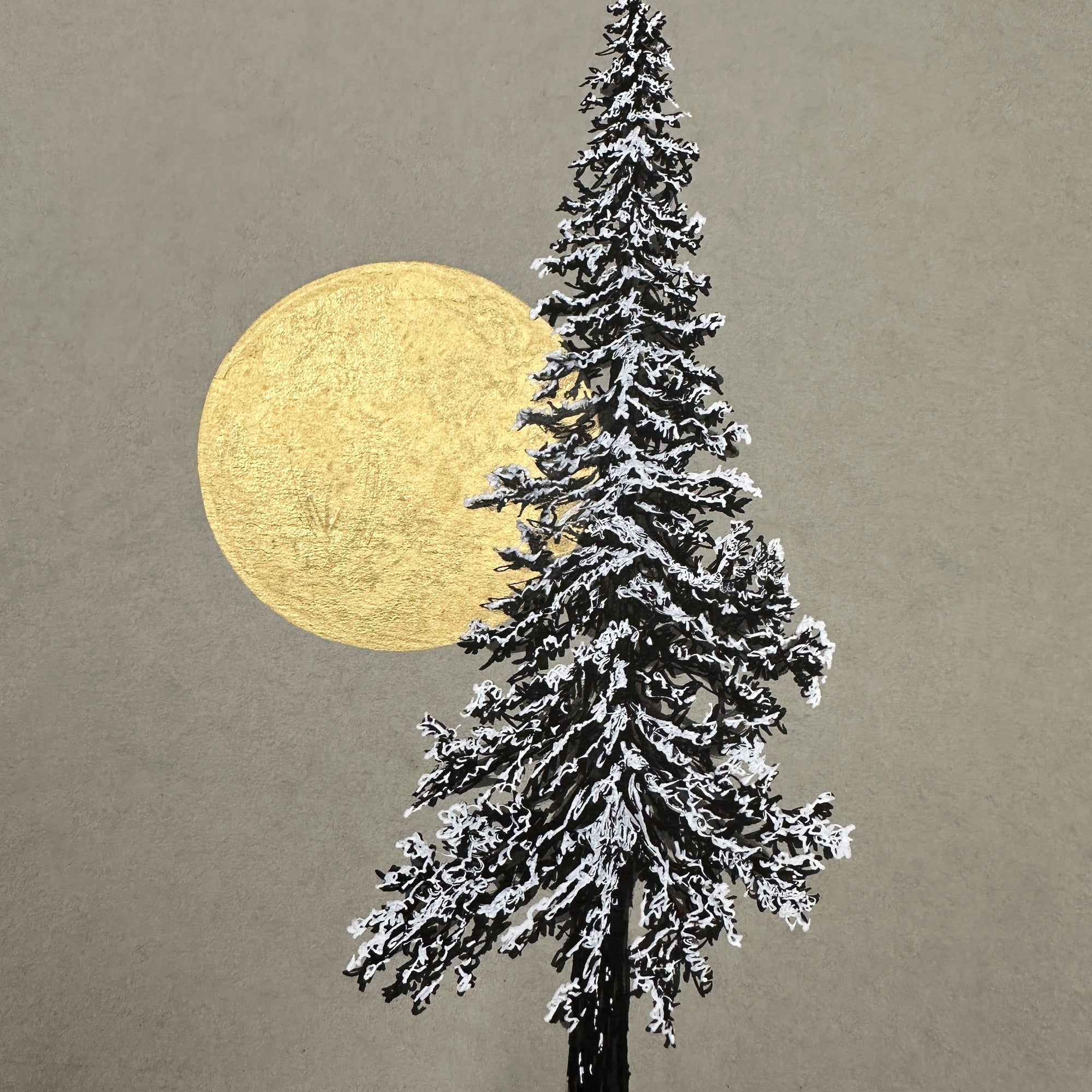 Snowy Tree with Full Moon on Gray - 8.5”x11” original drawing