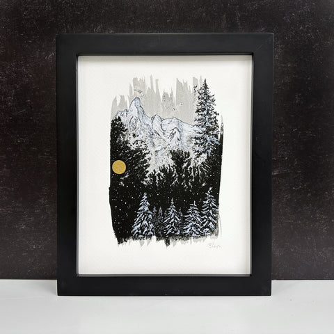 Winter Landscape - Snowy Mountains and Trees - Pen and Ink Drawing - Print to Order