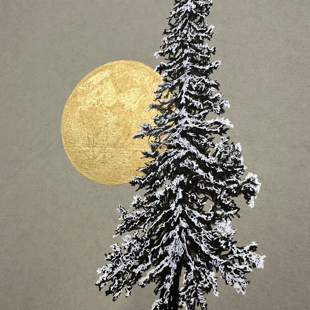 Snowy Tree with Full Moon on Gray - 8.5”x11” original drawing
