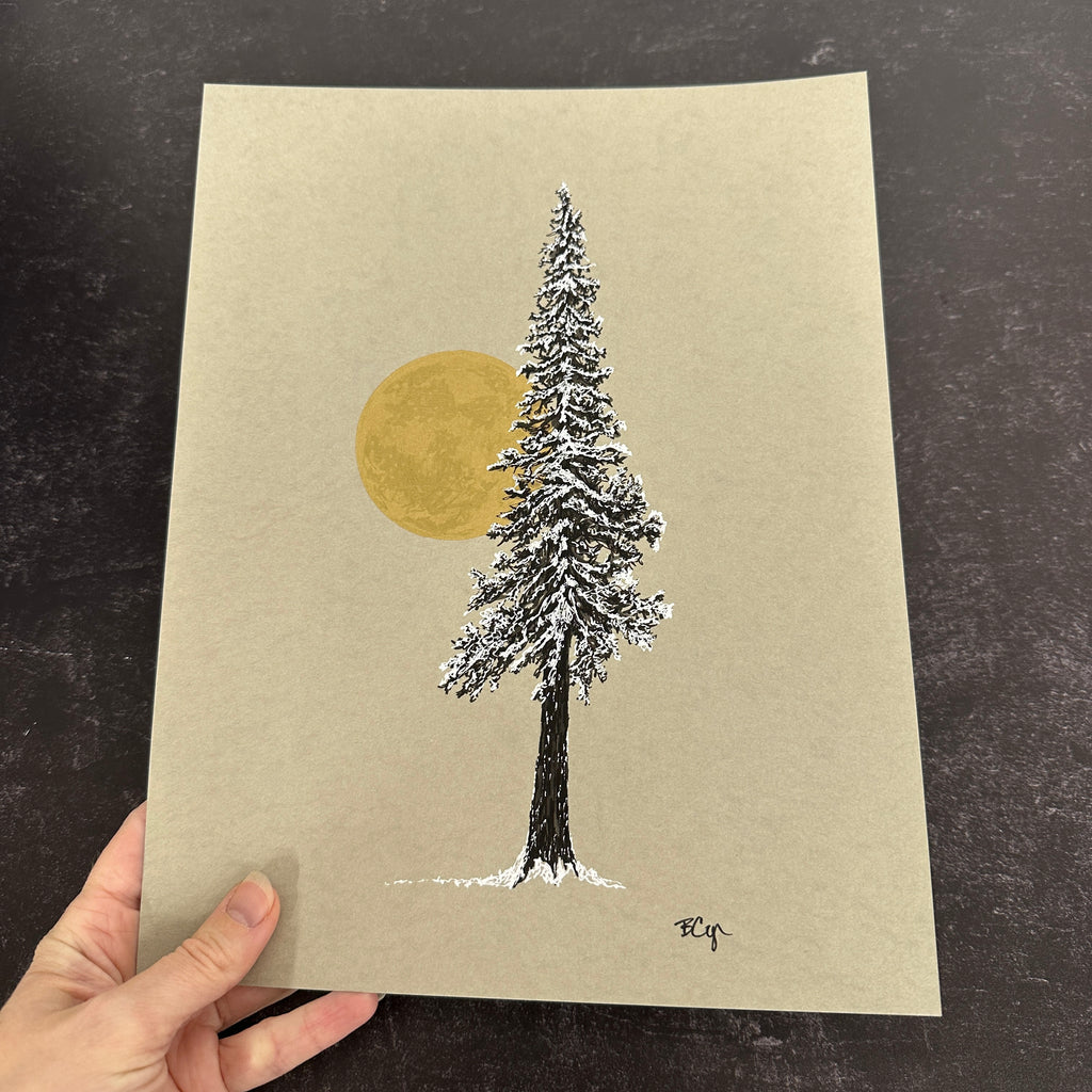 Snowy Tree with Full Moon on Gray - 8.5”x11” original drawing