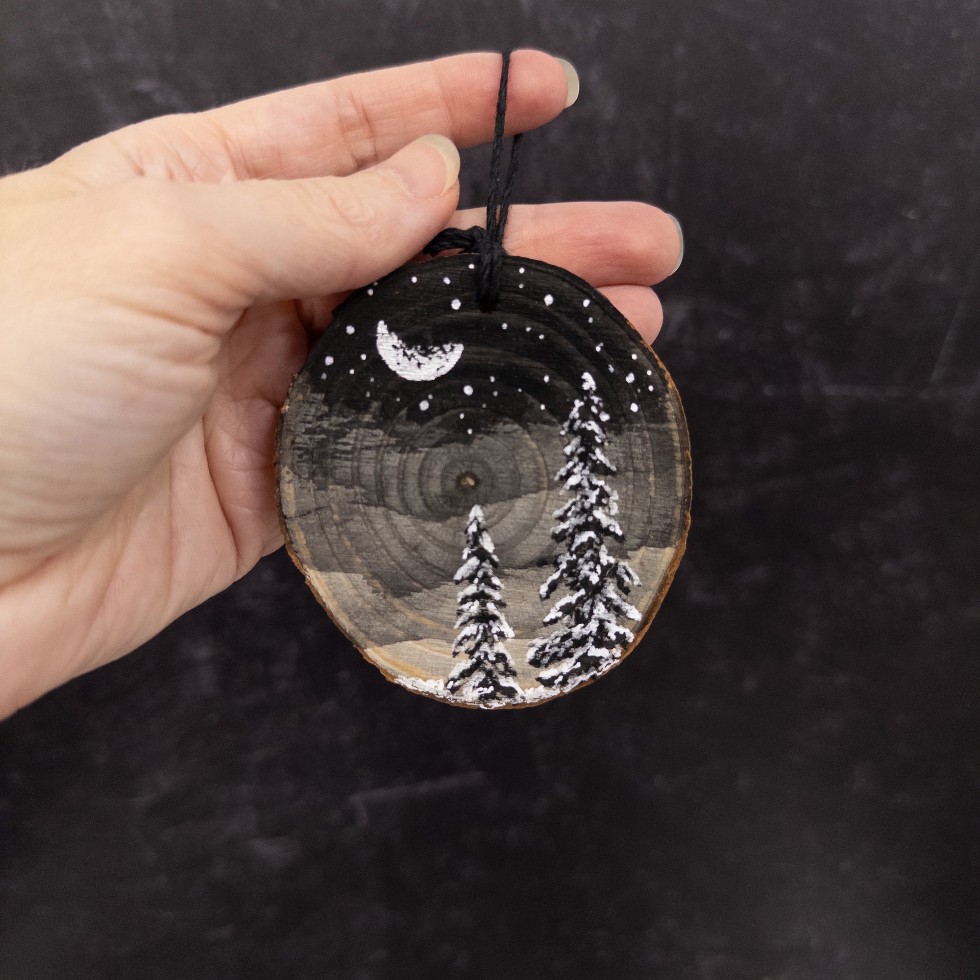 Wood Round Ornament - 16 - 2 Snowy Trees Silver Crescent Moon