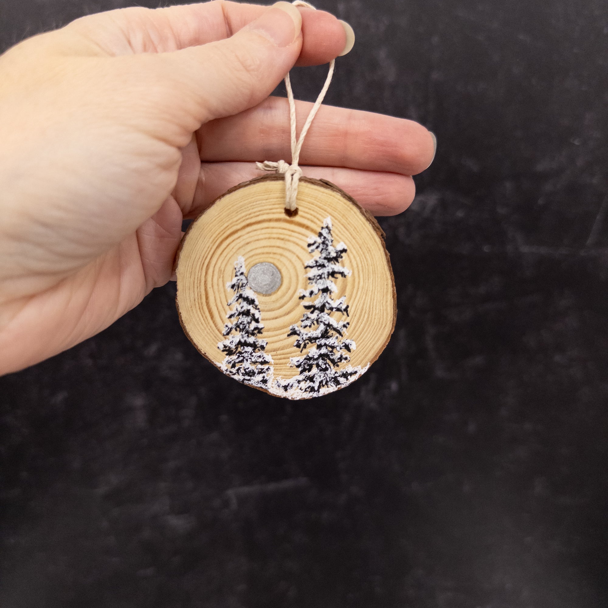 Wood Round Ornament - 14 - 2 Snowy Trees Silver Moon
