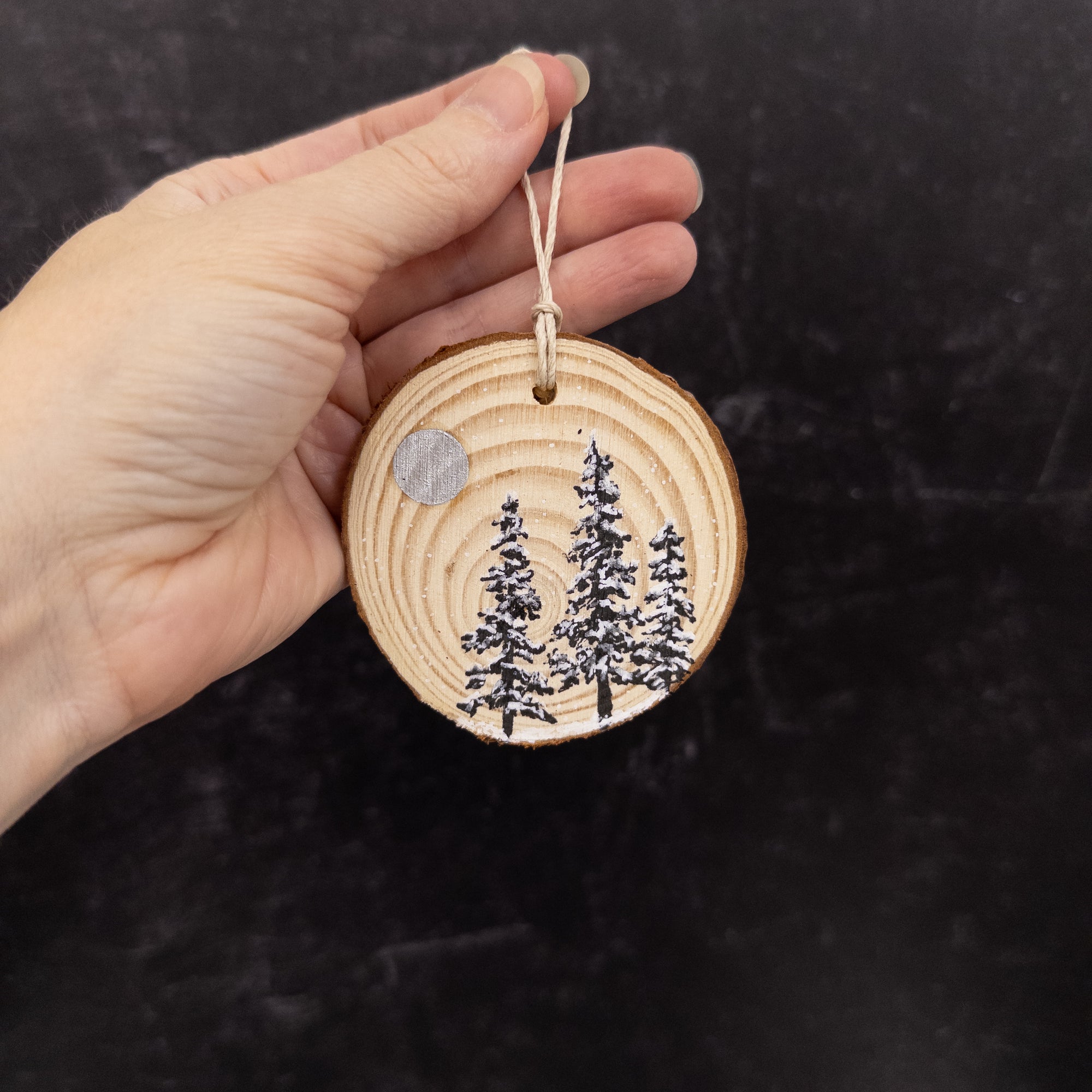 Wood Round Ornament - 12 - 3 Snowy Trees Silver Moon