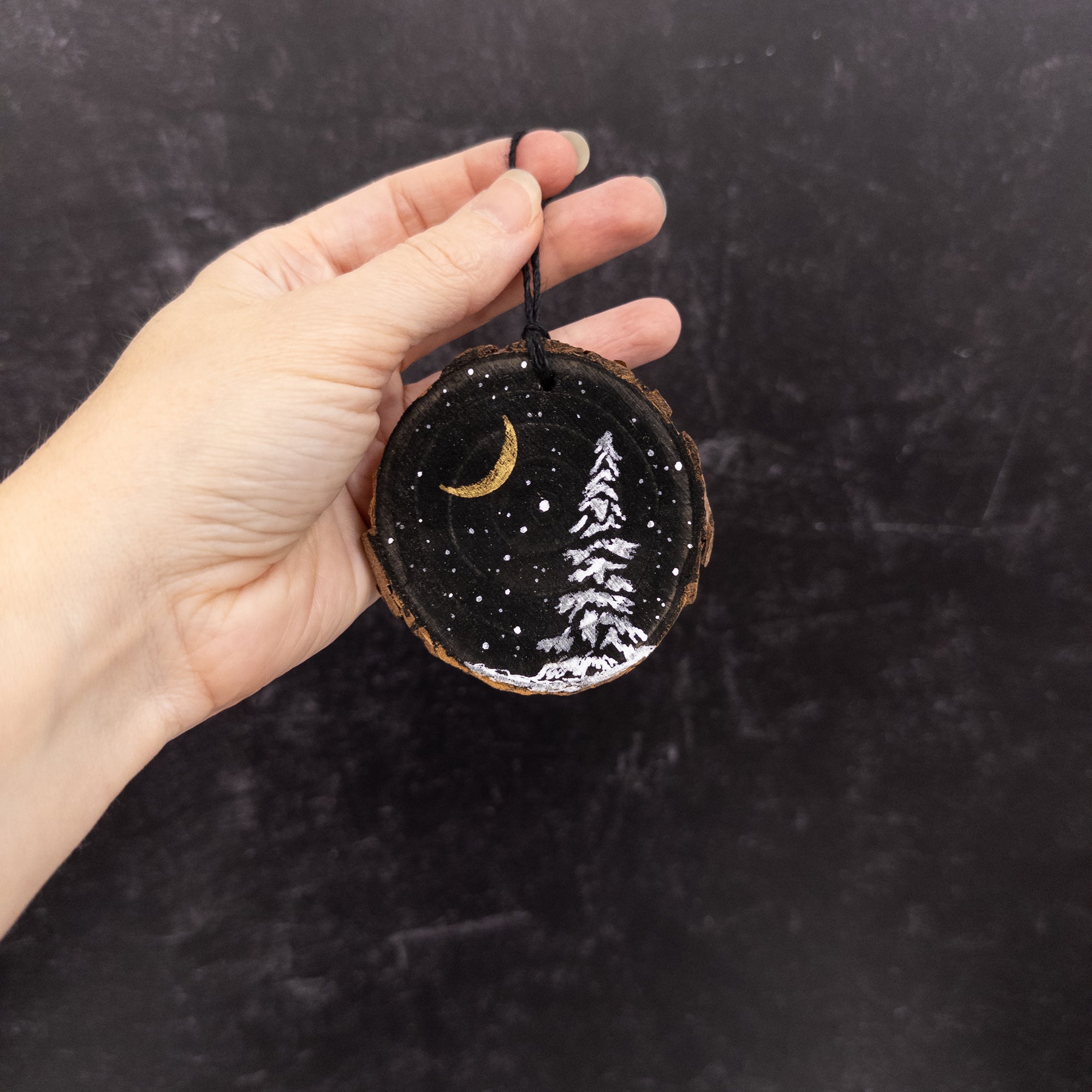 Wood Round Ornament - 3 - Snowy Tree Gold Crescent Moon