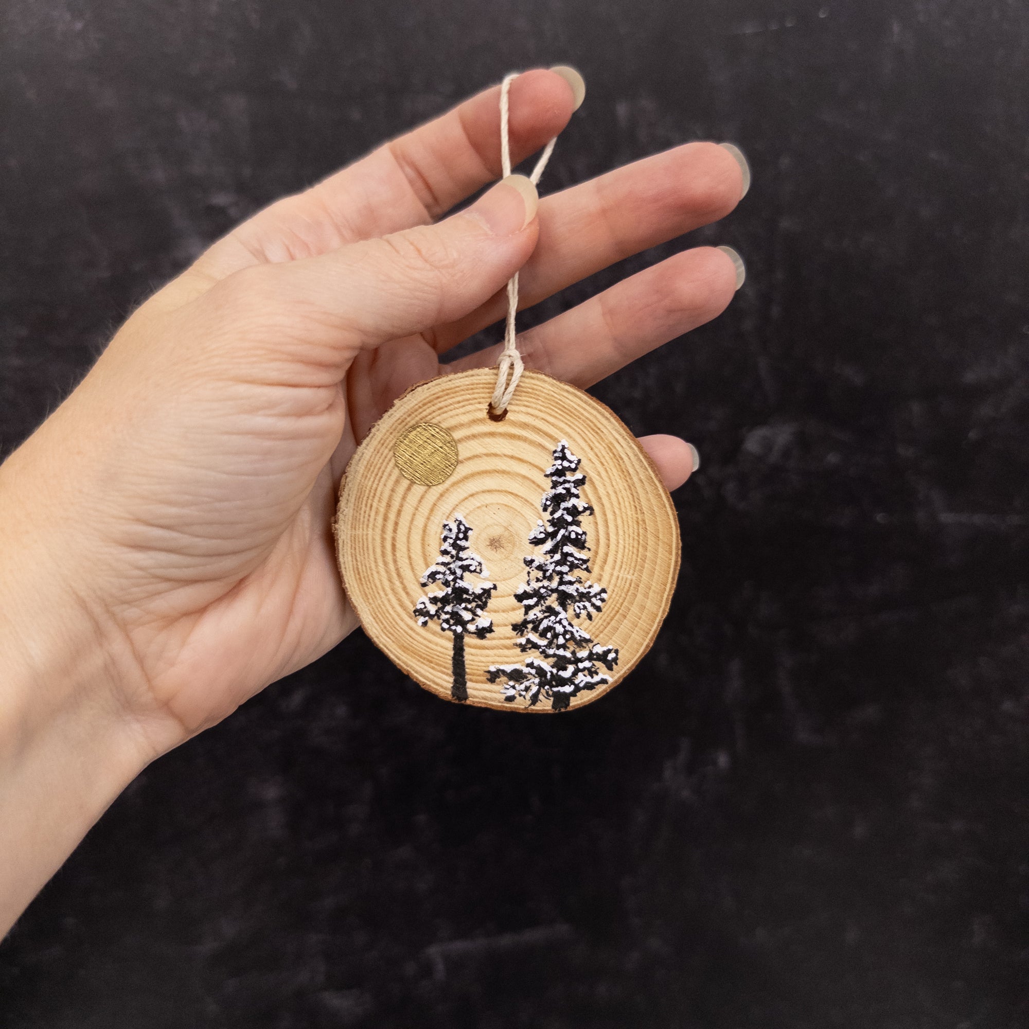 Wood Round Ornament - 2 - 2 Snowy Trees Gold Moon