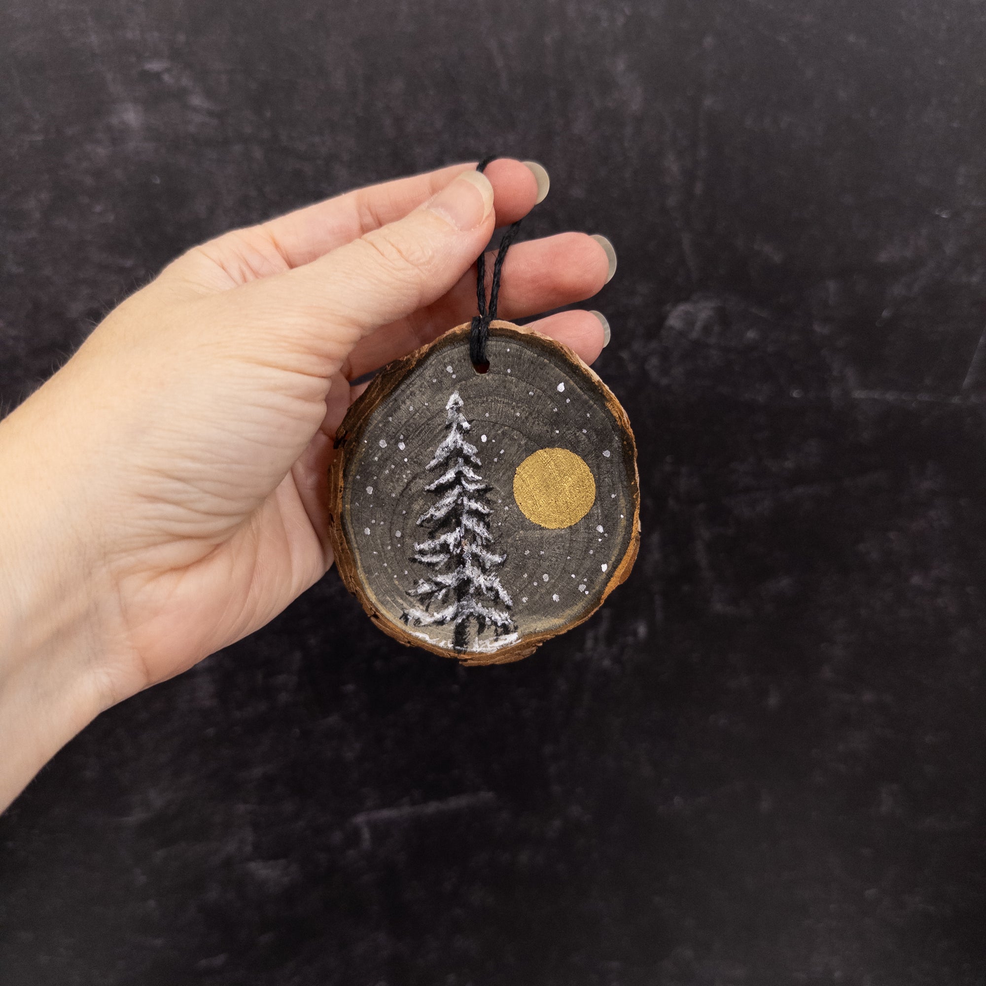 Wood Round Ornament - 1 - Snowy Tree Gold Moon