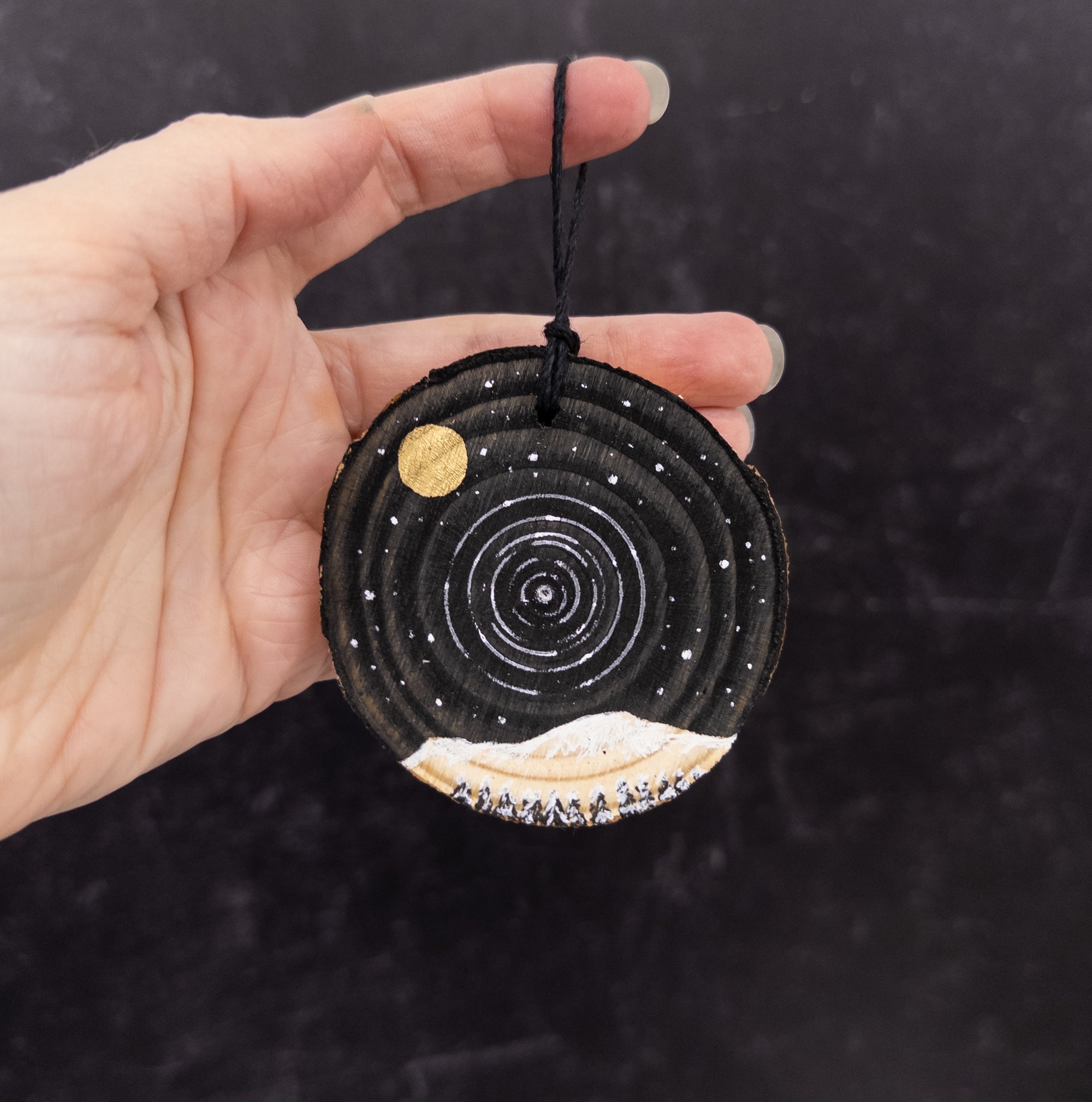 Wood Round Ornament - 27 - Snowy Mountain Tiny Trees Gold Moon