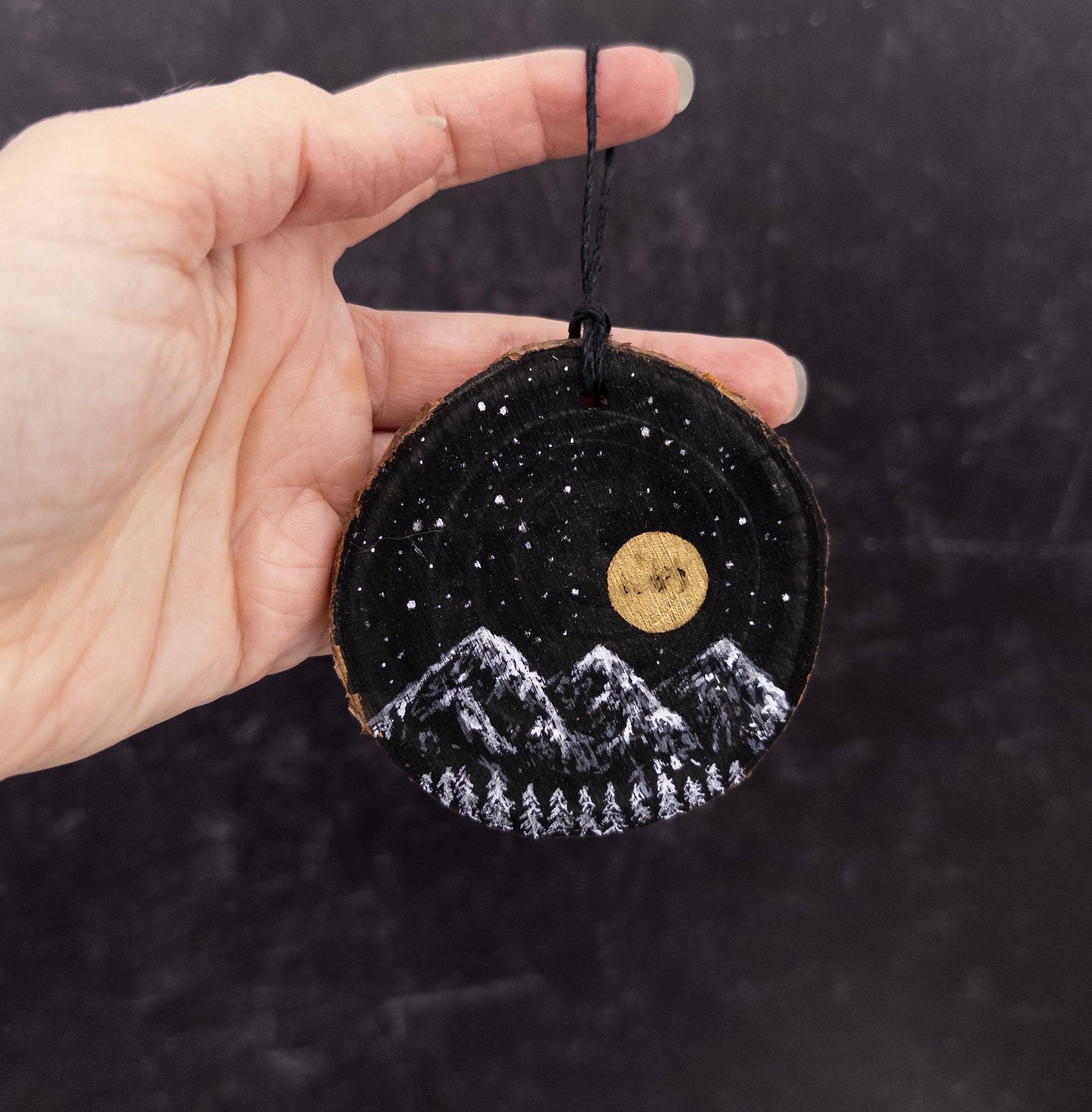 Wood Round Ornament - 24 - Snowy Mountains Gold Moon Tiny Snowy Trees