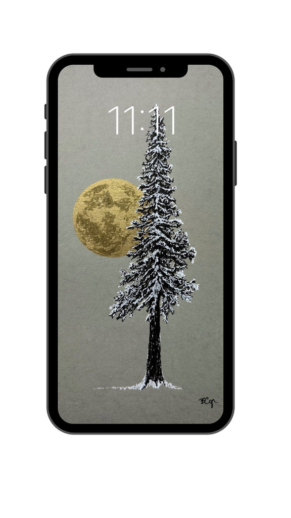 Snowy Tree and Full Moon on Gray - Phone Wallpaper or Lock screen