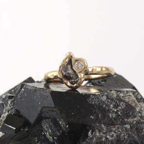 Meteorite and Moissanite Ring in 14k Yellow Gold - sz 6.5