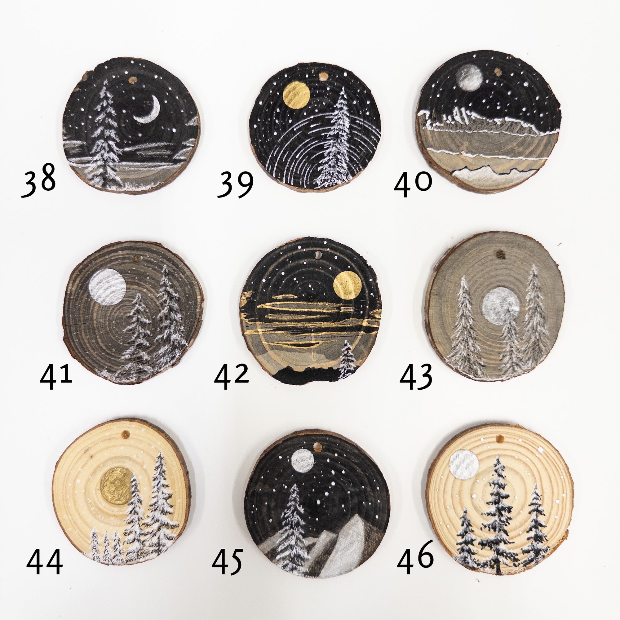 Winter Theme Wood Ornament 2025 - 45 - Snowy Tree, Silver Mountains and Little Dipper