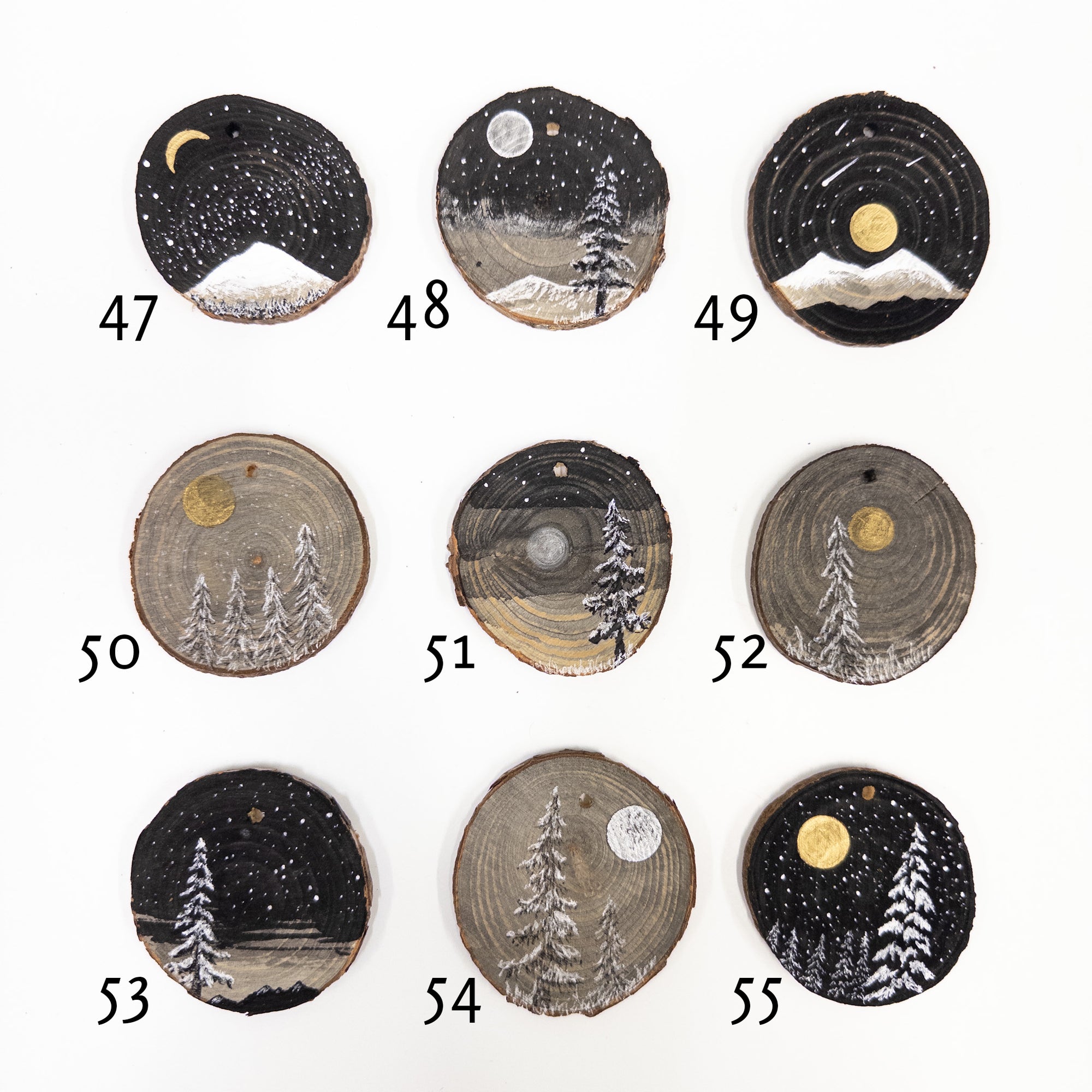 Winter Theme Wood Ornament 2025 - 52 - Single Snowy Tree and Gold Moon