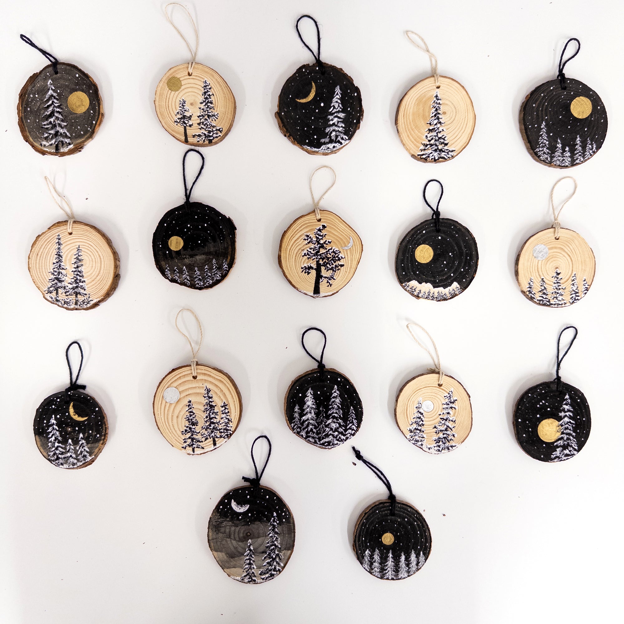 Wood Round Ornament - 16 - 2 Snowy Trees Silver Crescent Moon