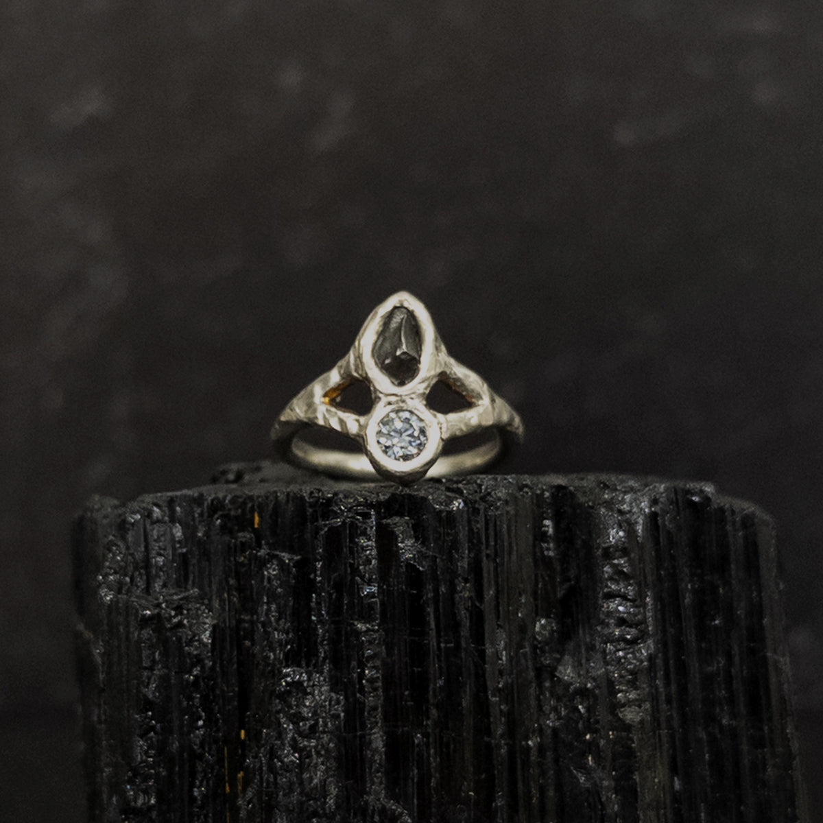 Epic Meteorite Ring with Pale Blue Moissanite in Palladium Sterling Silver - size 6 - Ready to Ship