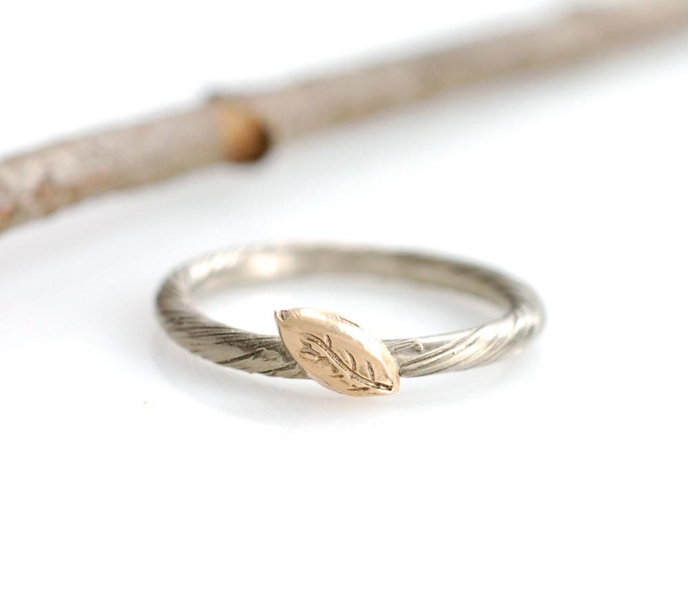 Autumn Leaf - Vine and Leaf Ring in 14k Yellow and Palladium White Gold - size 6.5 - Ready to Ship - Beth Cyr Handmade Jewelry