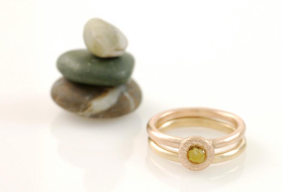 Mixed Metal Simplicity Ring Set - 14k Peach Gold and 14k Yellow Gold with Yellow Rough Diamond - size 5 1/2 - Ready to Ship - Beth Cyr Handmade Jewelry