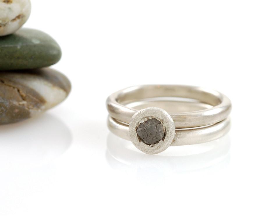 Mixed Metal Simplicity Ring Set - Palladium/Silver and Palladium Sterling Silver with Gray Rough Diamond - size 3 3/4 - Ready to Ship - Beth Cyr Handmade Jewelry