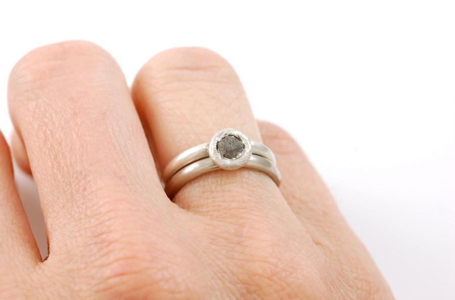 Mixed Metal Simplicity Ring Set - Palladium/Silver and Palladium Sterling Silver with Gray Rough Diamond - size 3 3/4 - Ready to Ship - Beth Cyr Handmade Jewelry