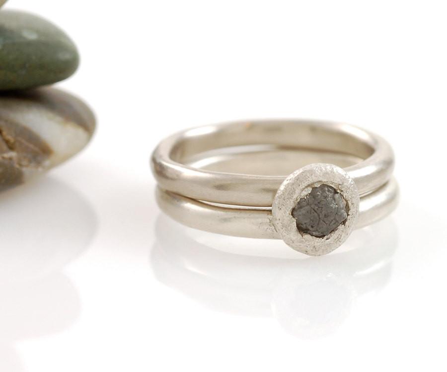 Mixed Metal Simplicity Ring Set - Palladium/Silver and Palladium Sterling Silver with Gray Rough Diamond - size 3 3/4 - Ready to Ship - Beth Cyr Handmade Jewelry