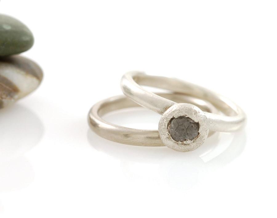 Mixed Metal Simplicity Ring Set - Palladium/Silver and Palladium Sterling Silver with Gray Rough Diamond - size 3 3/4 - Ready to Ship - Beth Cyr Handmade Jewelry