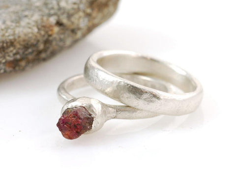 Rough Ruby in Palladium Sterling Silver Engagement Ring and Wedding Band Set  - size 6 - Ready to Ship - Beth Cyr Handmade Jewelry