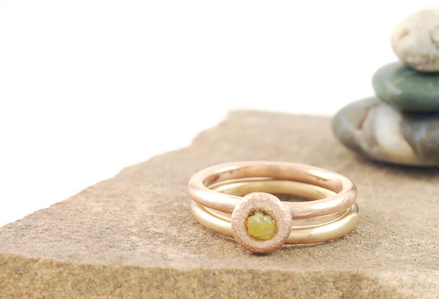 Mixed Metal Simplicity Ring Set - 14k Peach Gold and 14k Yellow Gold with Yellow Rough Diamond - size 5 1/2 - Ready to Ship - Beth Cyr Handmade Jewelry