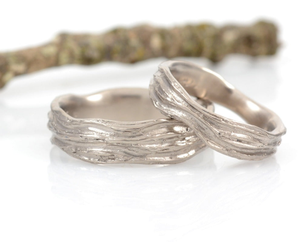Redwoods Tree Bark Wedding Rings in Palladium White Gold - Made to Order - Beth Cyr Handmade Jewelry