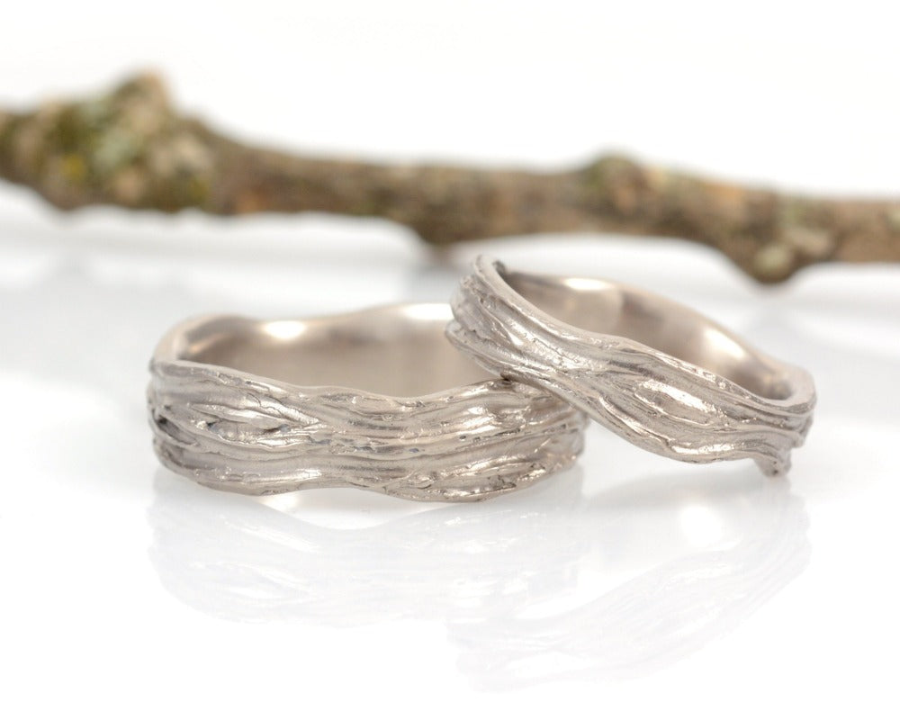 Redwoods Tree Bark Wedding Rings in Palladium White Gold - Made to Order - Beth Cyr Handmade Jewelry