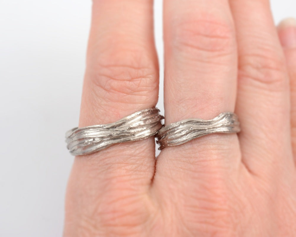 Redwoods Tree Bark Wedding Rings in Palladium White Gold - Made to Order - Beth Cyr Handmade Jewelry