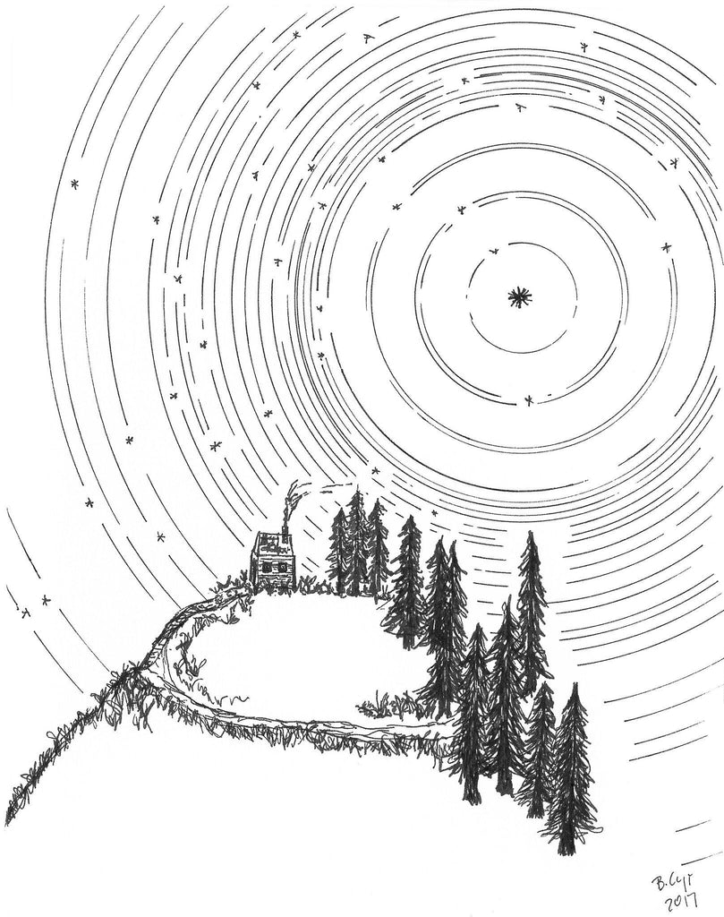 Star trails - Washington Mountain Home - Pen and Ink Drawing Print - Beth Cyr Handmade Jewelry