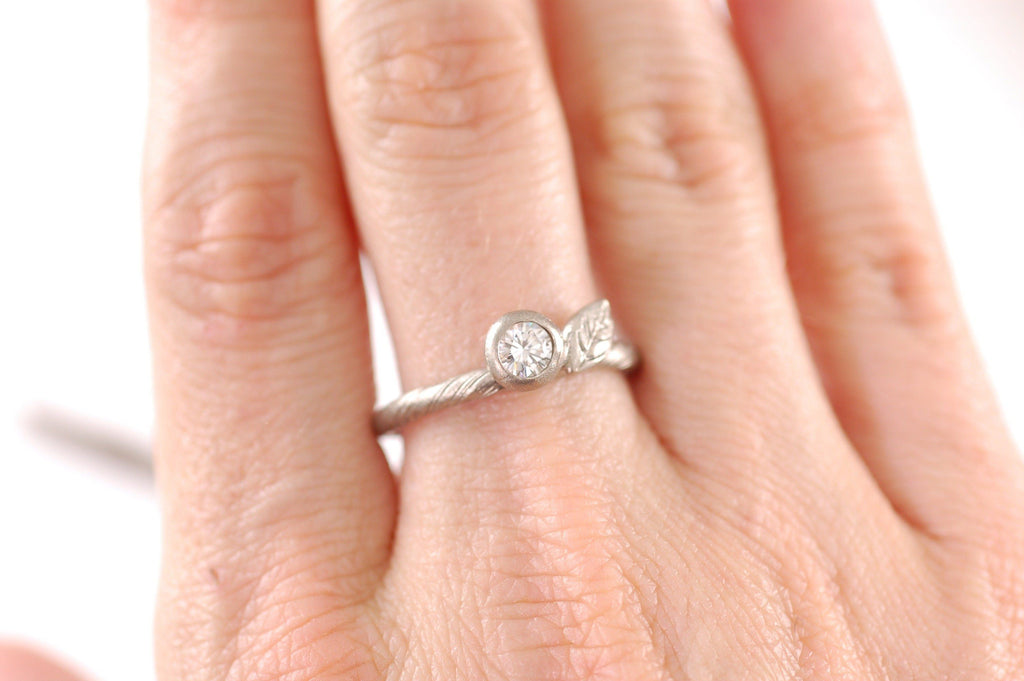 Custom Vine and Leaf Engagement Ring with 2.5mm Moissanite in 14k Palladium White Gold - Made to Order - Beth Cyr Handmade Jewelry