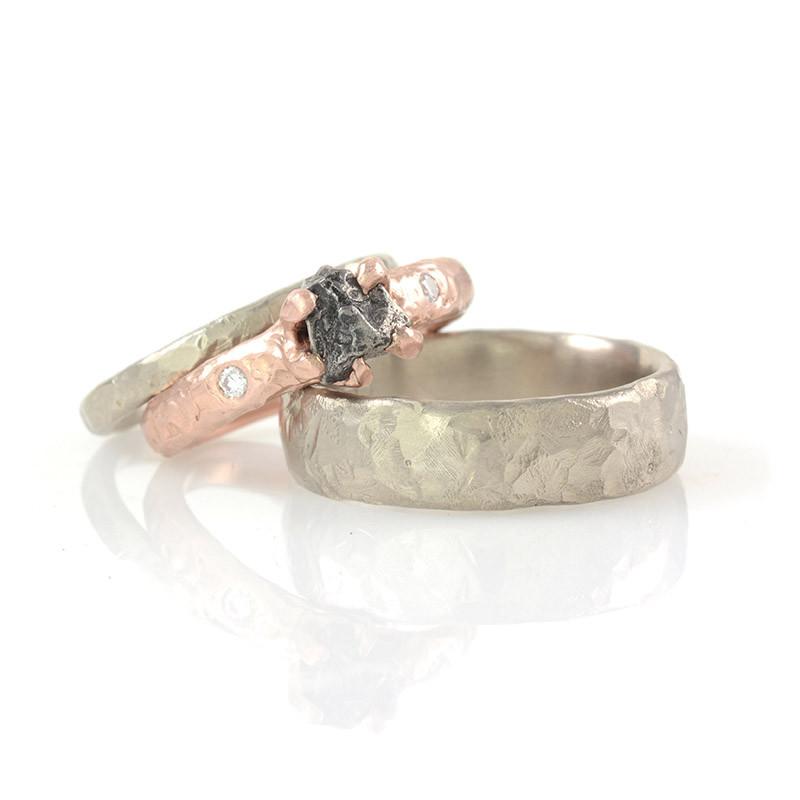 Custom Order - Single Meteorite Ring in 14k Rose Gold with prong setting and 2 diamonds with two palladium/silver wedding bands - Beth Cyr Handmade Jewelry