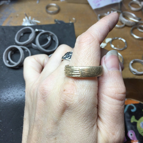 Custom Order Leaf Imprint and Tree Bark ring - Beth Cyr Handmade Jewelry