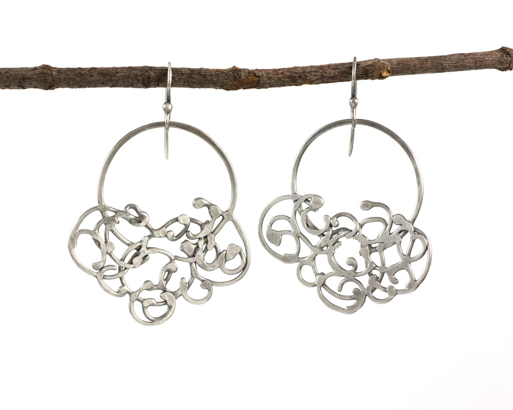 Circle and Hanging Organic Vine Earrings in Sterling Silver #25 - Light Patina - Ready to Ship - Beth Cyr Handmade Jewelry