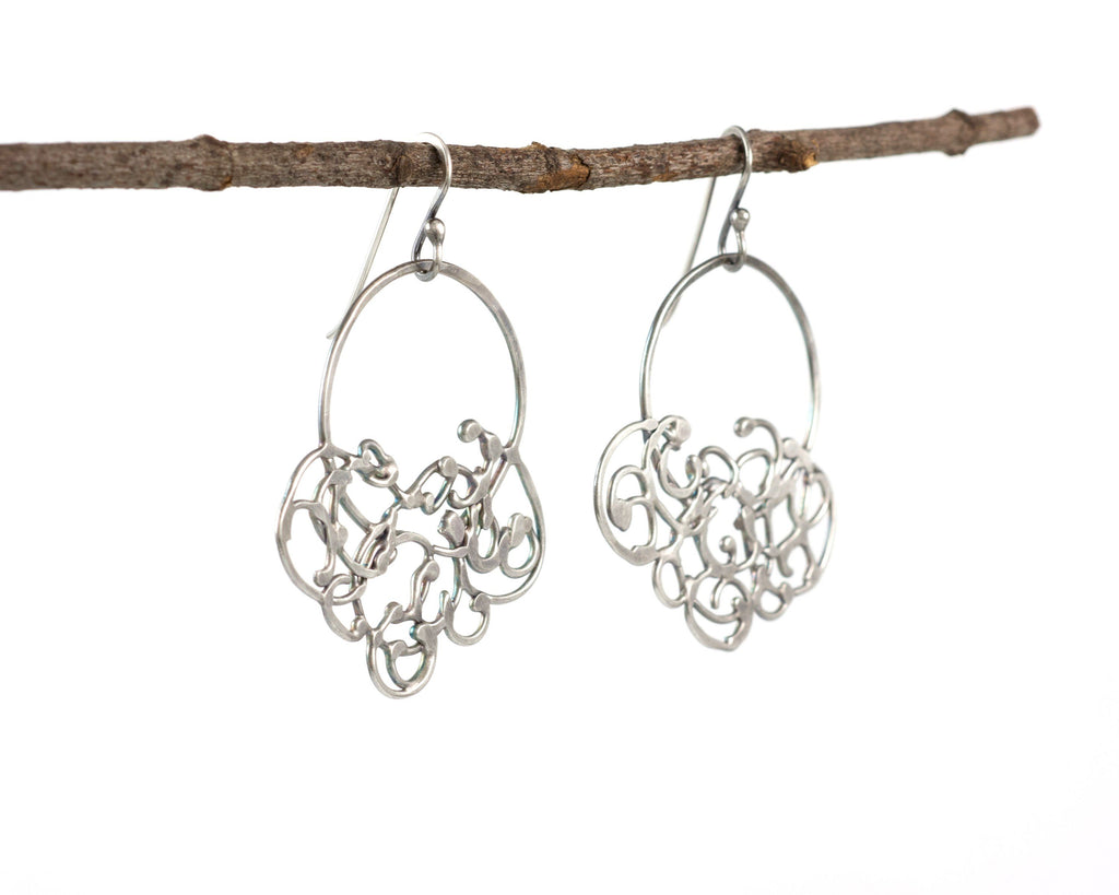 Circle and Hanging Organic Vine Earrings in Sterling Silver #25 - Light Patina - Ready to Ship - Beth Cyr Handmade Jewelry