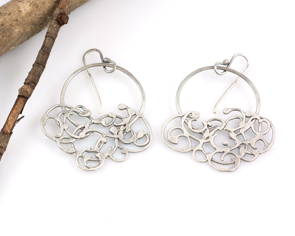 Circle and Hanging Organic Vine Earrings in Sterling Silver #25 - Light Patina - Ready to Ship - Beth Cyr Handmade Jewelry