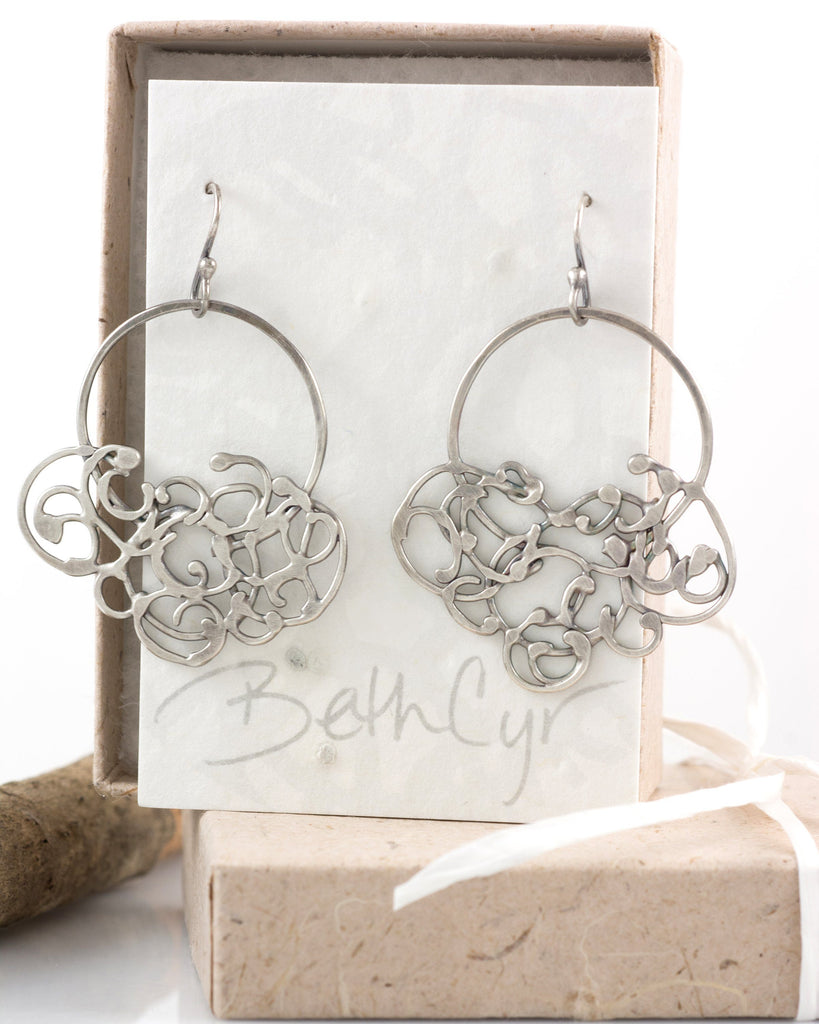 Circle and Hanging Organic Vine Earrings in Sterling Silver #25 - Light Patina - Ready to Ship - Beth Cyr Handmade Jewelry