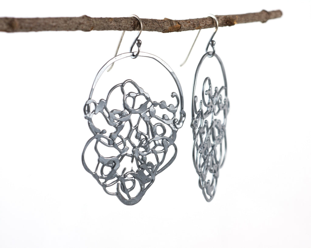Circle and Hanging Organic Vine Earrings in Sterling Silver #24 - Ready to Ship - Beth Cyr Handmade Jewelry