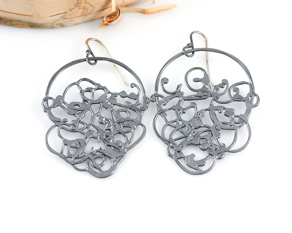 Circle and Hanging Organic Vine Earrings in Sterling Silver #24 - Ready to Ship - Beth Cyr Handmade Jewelry