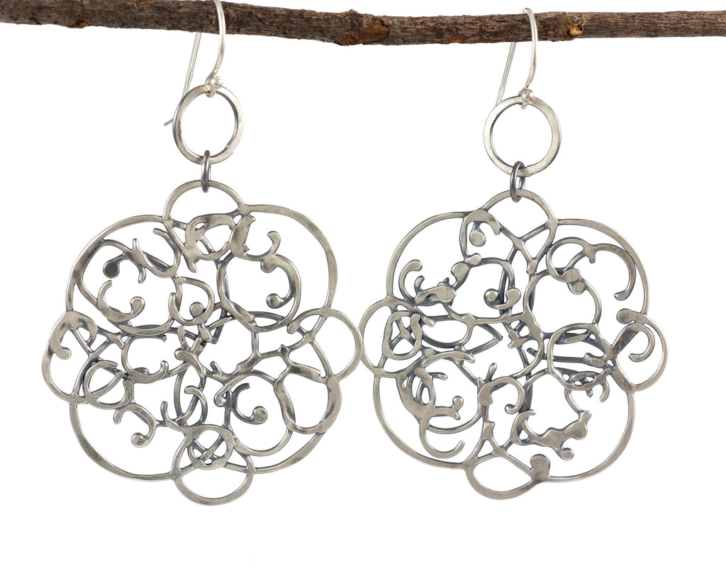 Tiny Circle and Organic Vine Earrings in Sterling Silver #26 - Light Patina - Ready to Ship - Beth Cyr Handmade Jewelry