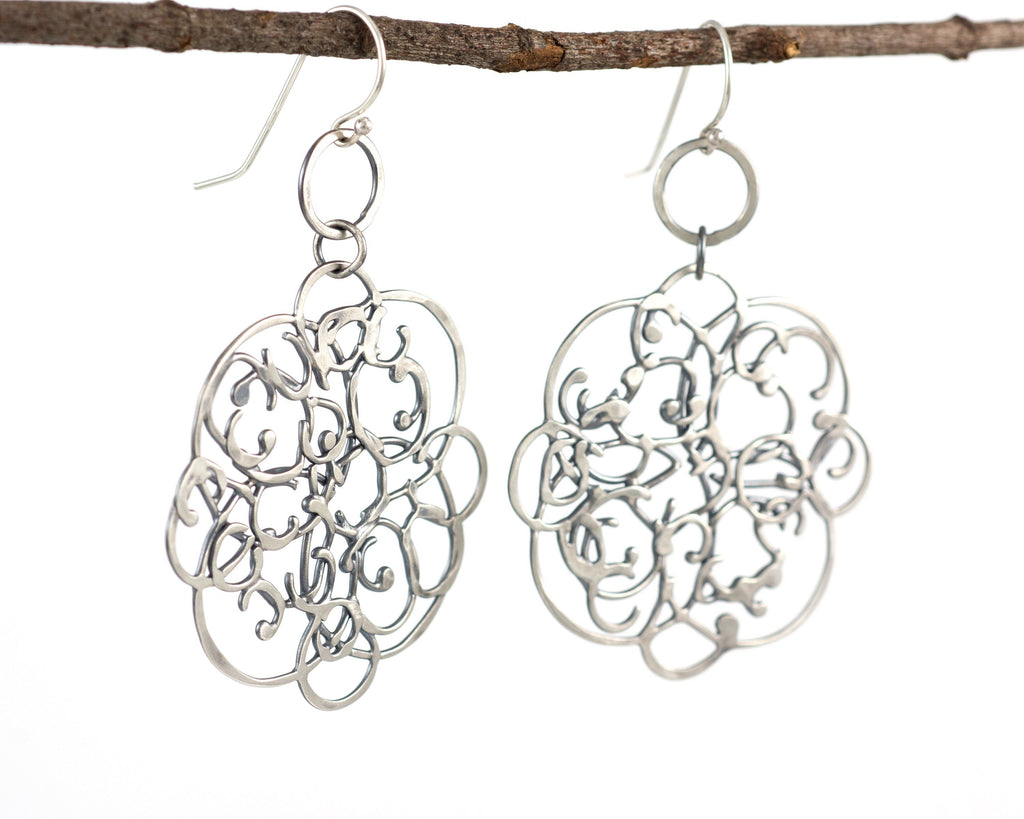 Tiny Circle and Organic Vine Earrings in Sterling Silver #26 - Light Patina - Ready to Ship - Beth Cyr Handmade Jewelry