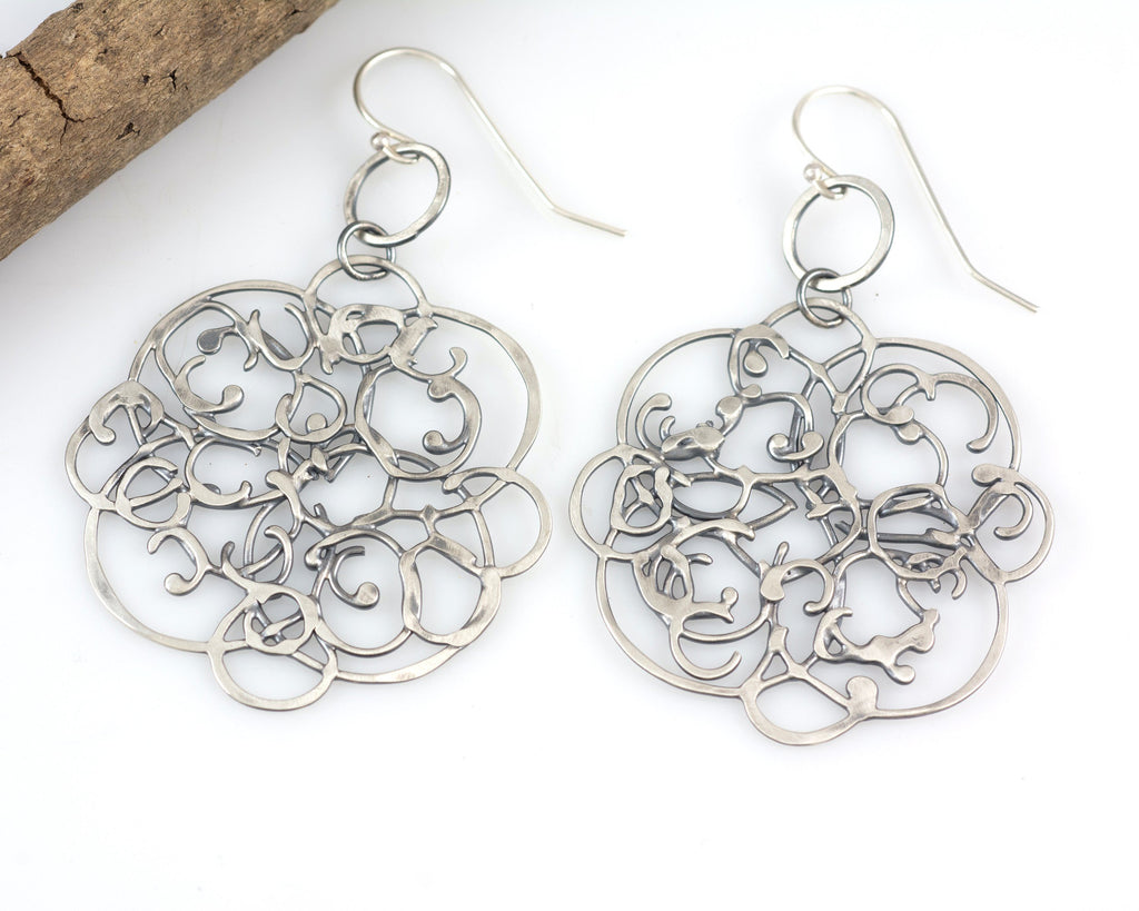 Tiny Circle and Organic Vine Earrings in Sterling Silver #26 - Light Patina - Ready to Ship - Beth Cyr Handmade Jewelry