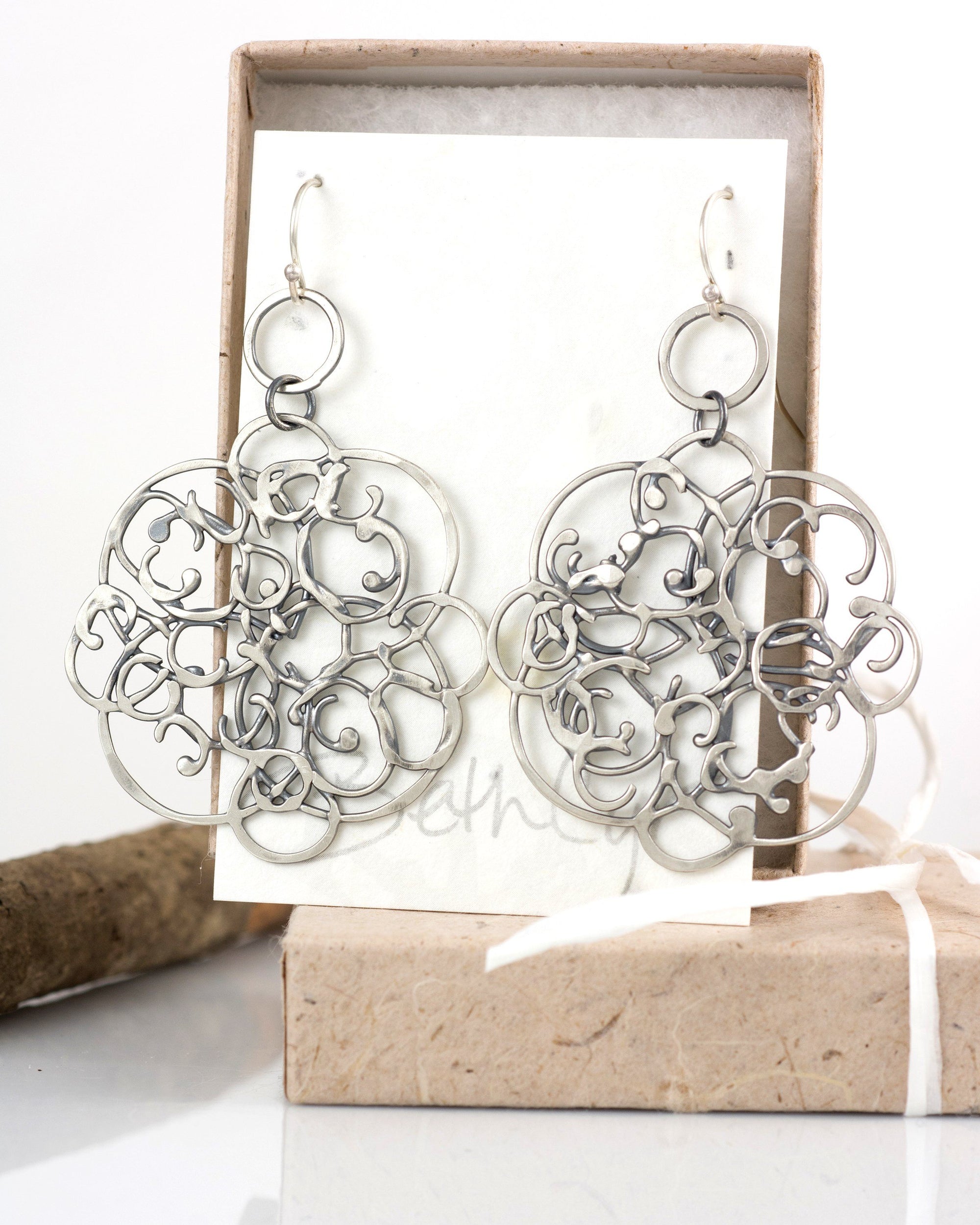 Tiny Circle and Organic Vine Earrings in Sterling Silver #26 - Light Patina - Ready to Ship - Beth Cyr Handmade Jewelry
